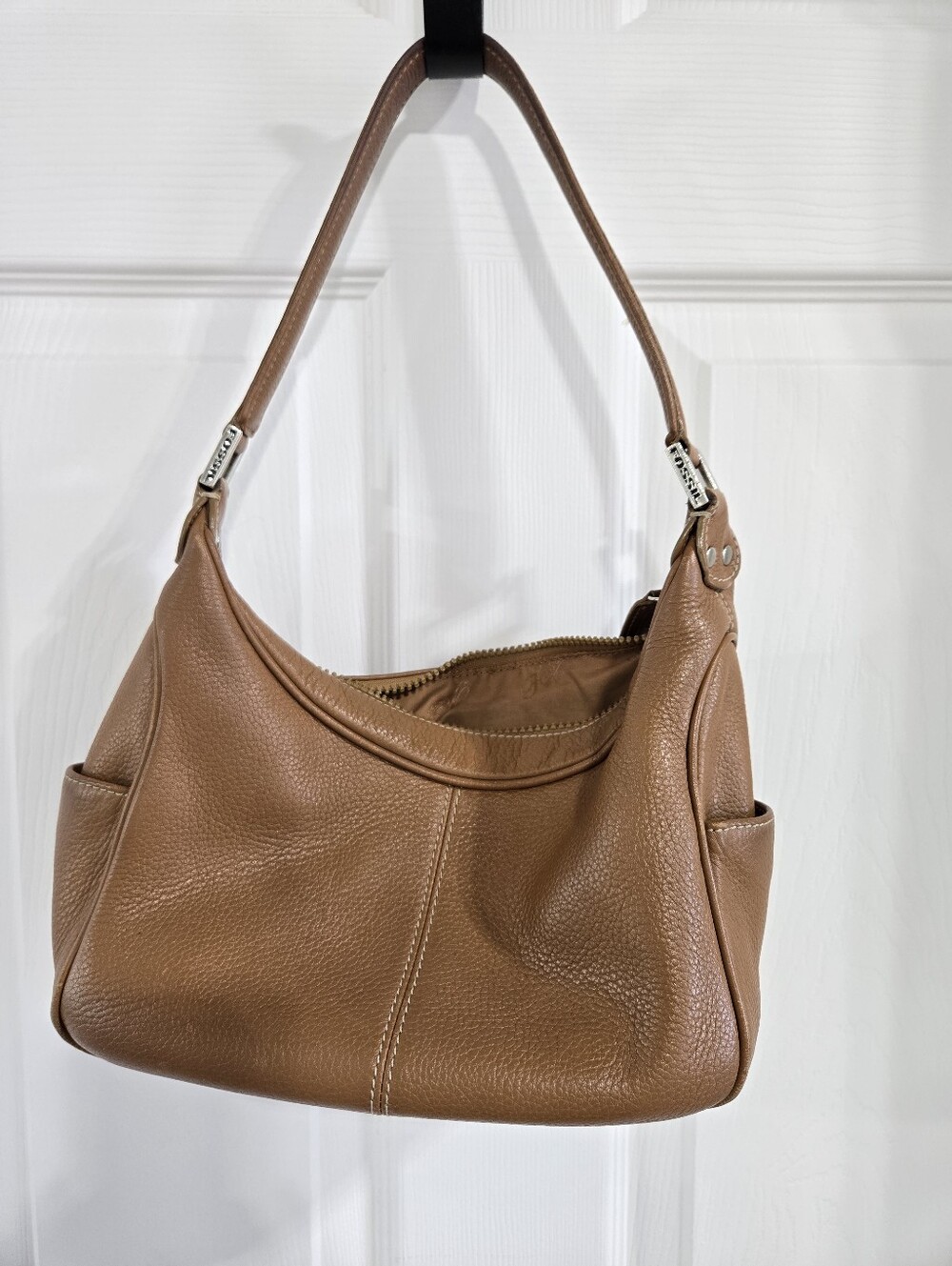 Fossil Cognac Pebbled Leather Shoulder Bag